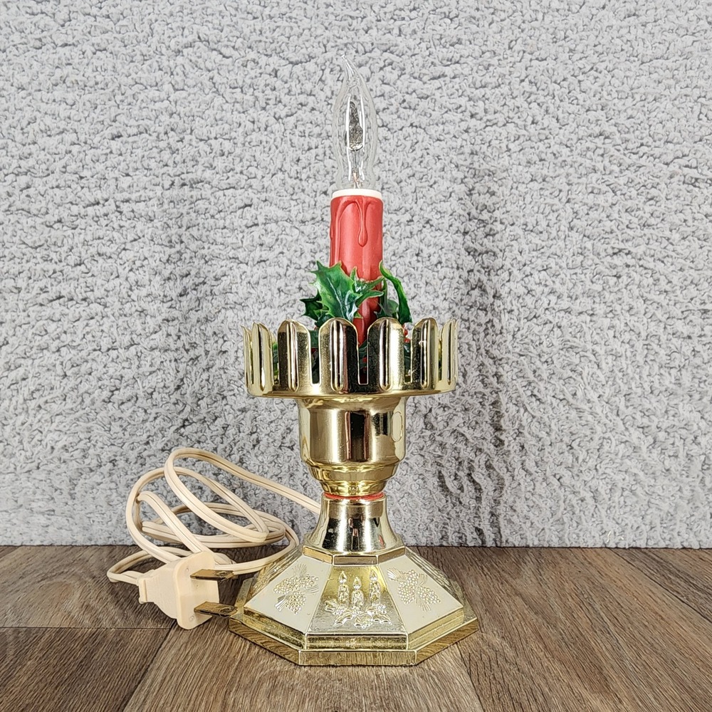 Vintage Style Electric Christmas Window Candle Lamp Gold Base Red Holly 8.5"